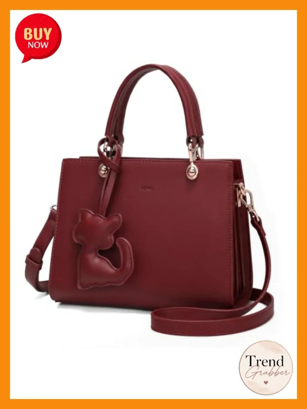 Crossbody Satchel Handbag with Cat Pendant – Faux Leather